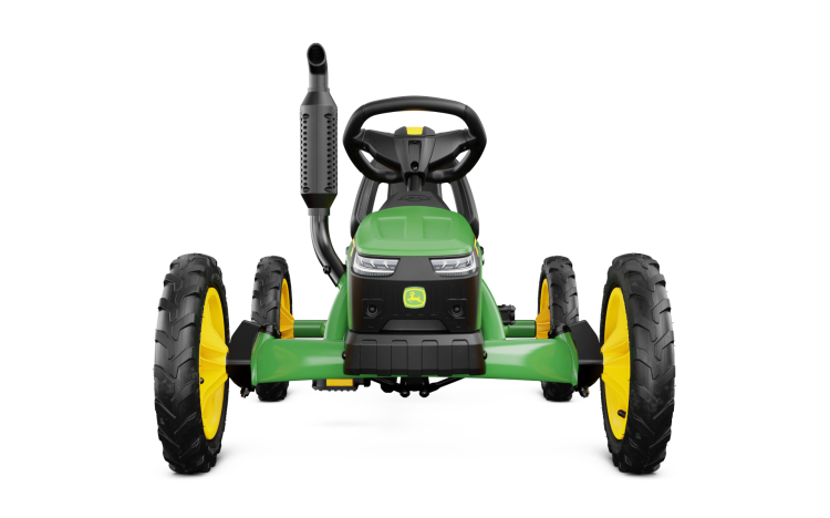 Gokart BERG Buddy John Deere – widok z przodu, logo John Deere na masce, zielona rama, żółte akcenty.